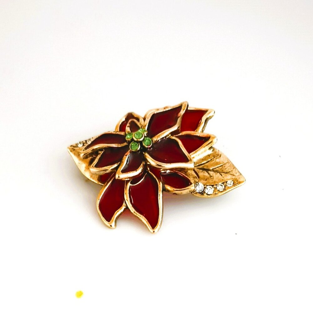 LC Enamel Poinsettia Brooch Red Gold Christmas Flower Pin
